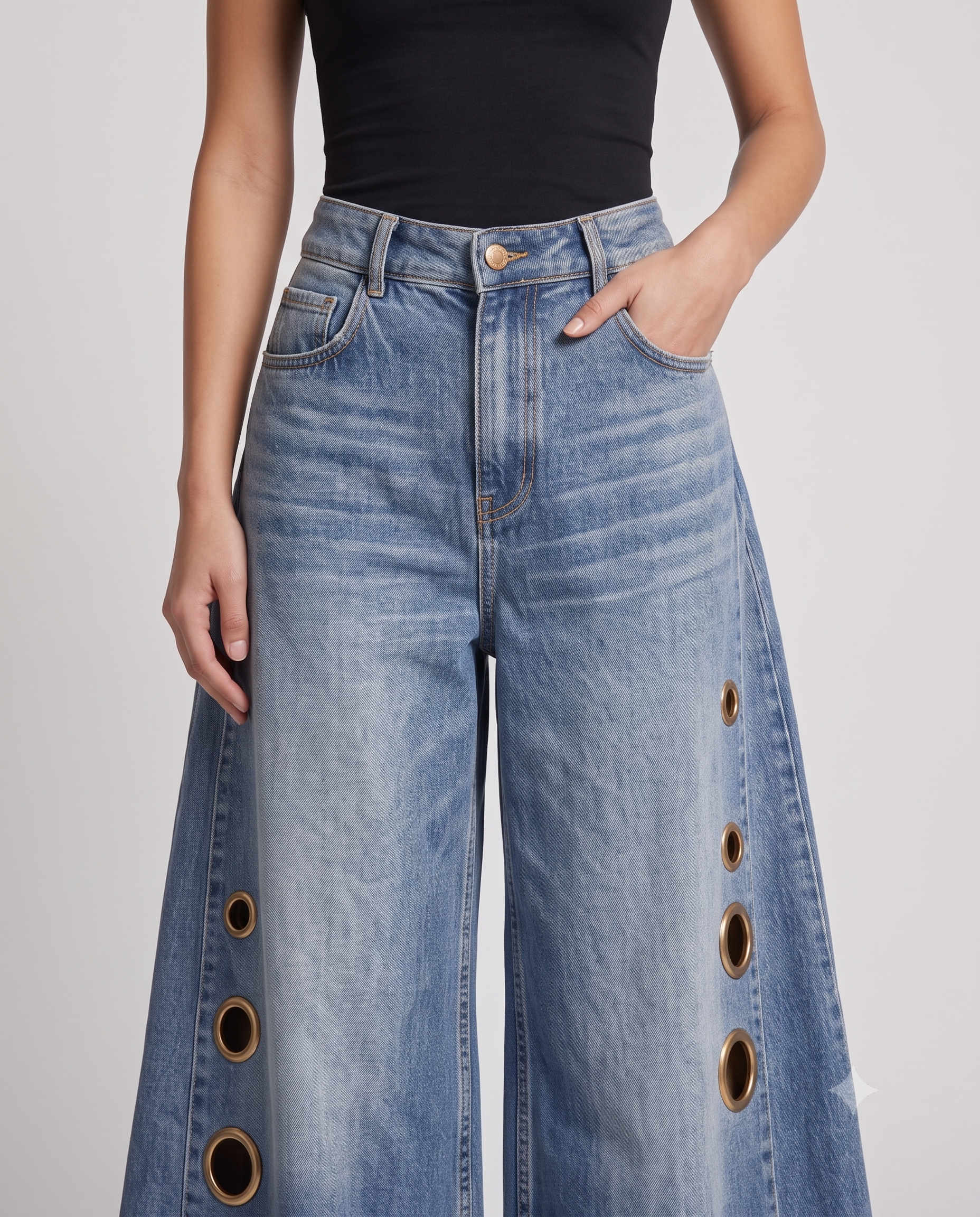 Women's Distressed Baggy Jeans Eyelet Fade on model — waist and pocket detail