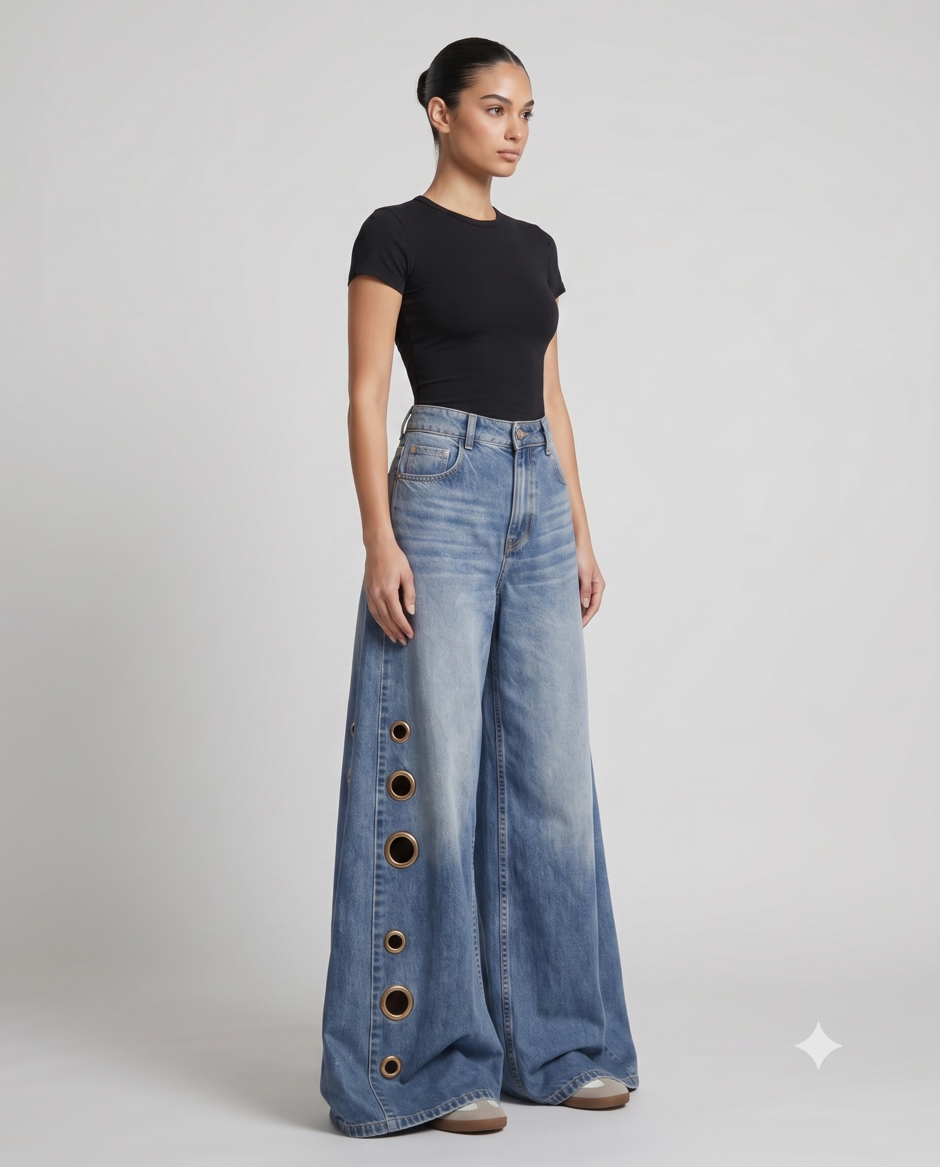 Women's Distressed Baggy Jeans Eyelet Fade on model — three-quarter view