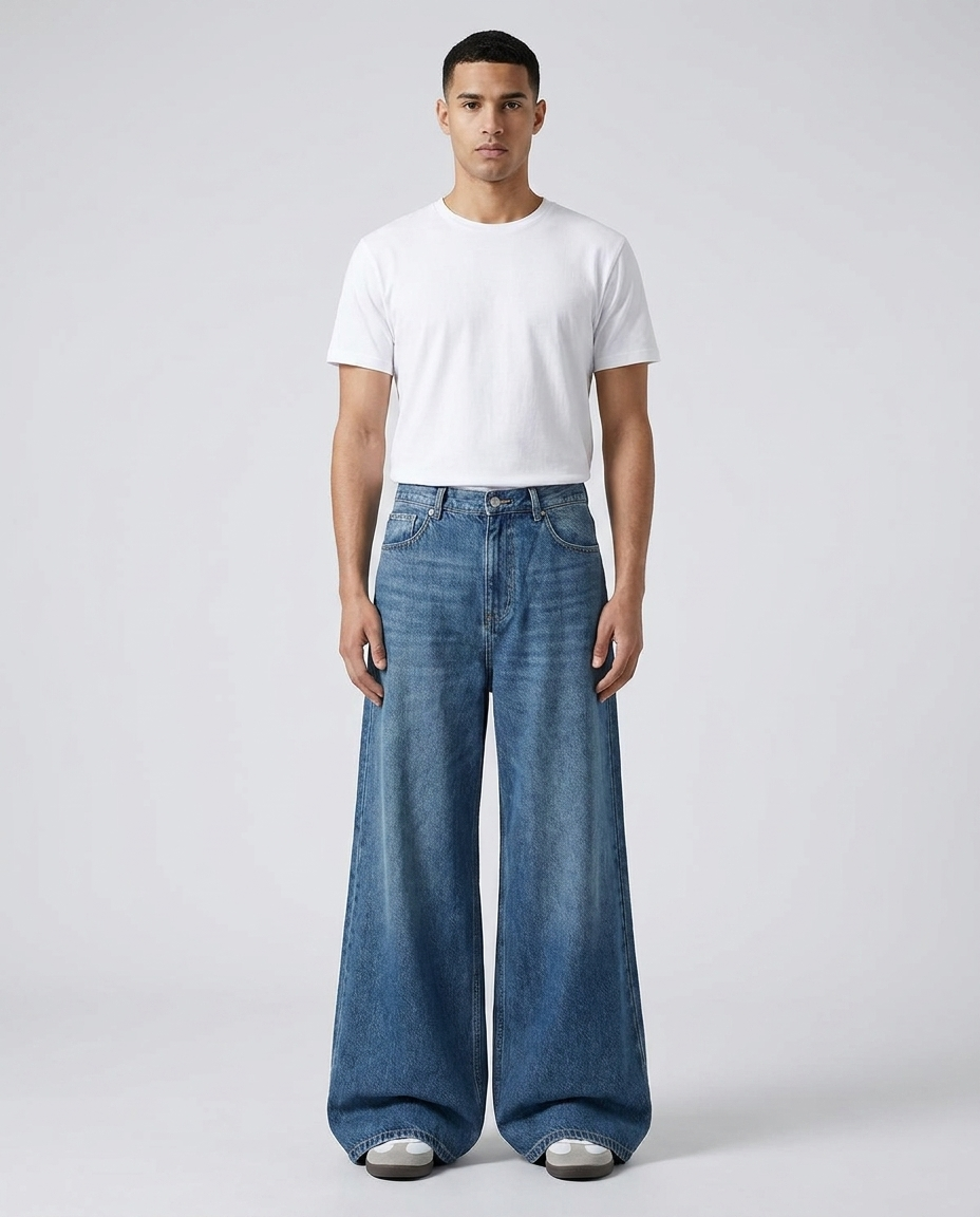 Men's baggy jeans on model — wide-cut denim stacked over sneakers, The Baggy Jeans Co.