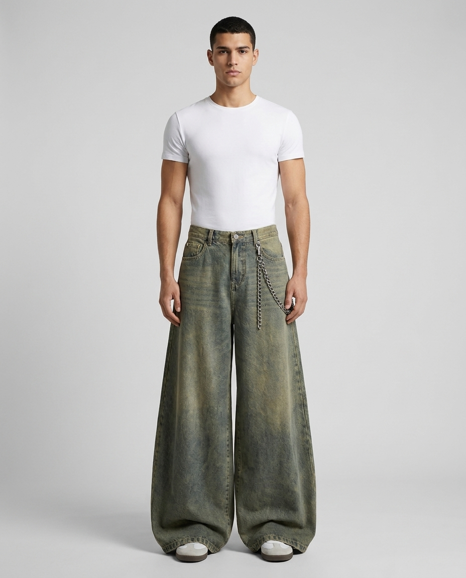 Wide-leg baggy jeans worn on the street — volume denim silhouette from The Baggy Jeans Co.
